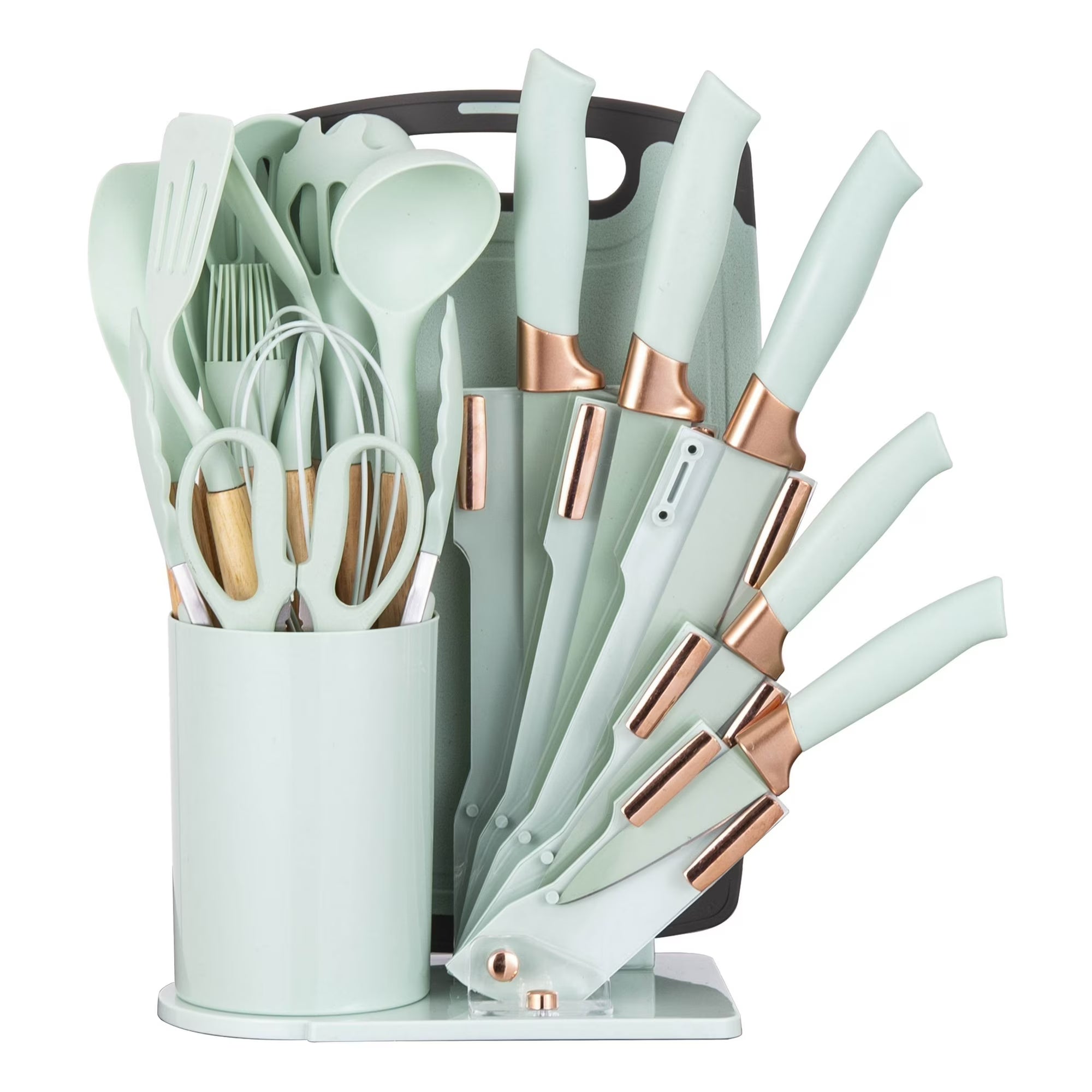 19-Piece Silicone Kitchen Utensil & Knife Set - Heat-Resistant Cooking Tools Non-Stick Safe Gift for Mom or Women Light-Green