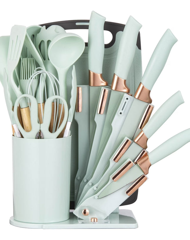 19-Piece Silicone Kitchen Utensil & Knife Set - Heat-Resistant Cooking Tools Non-Stick Safe Gift for Mom or Women Light-Green