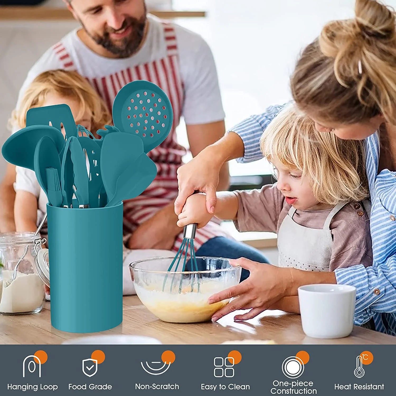 15-Piece Kitchen Utensils Set, Silicone Cooking Utensils with Holder, Non-stick Cookware Friendly & Heat Resistant - Teal Blue