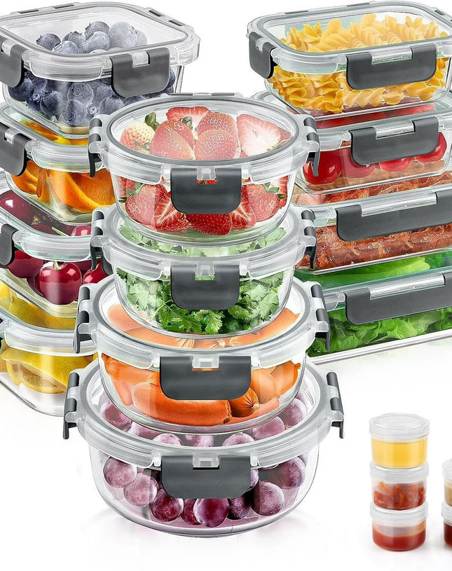 34pcs Glass Food Storage Containers with Lids Set, Airtight Meal Prep Containers (17 Containers & 17 Lids), Grey