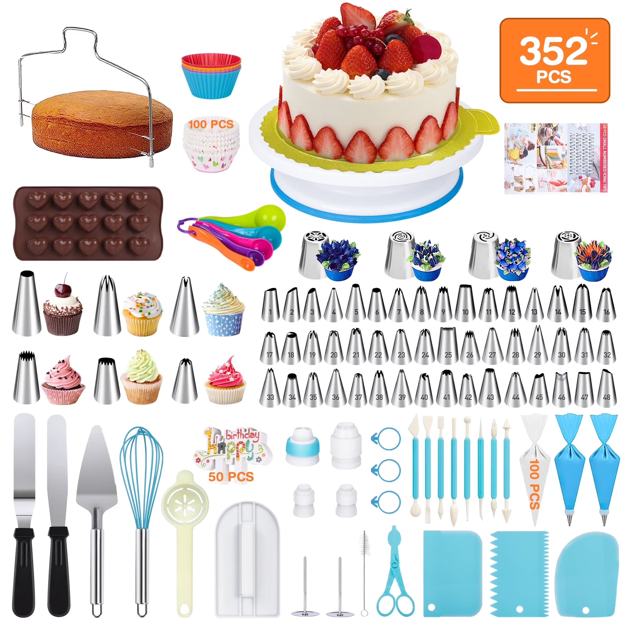 352 Pcs Cake Decorating Kit, Cake Baking Supplies with 48 Round Piping Tips,6 Korean Tips 4 Russian Tips, Baking Set with Non-slip Turntable, Baking Supplies Tools for Beginners,Plastic