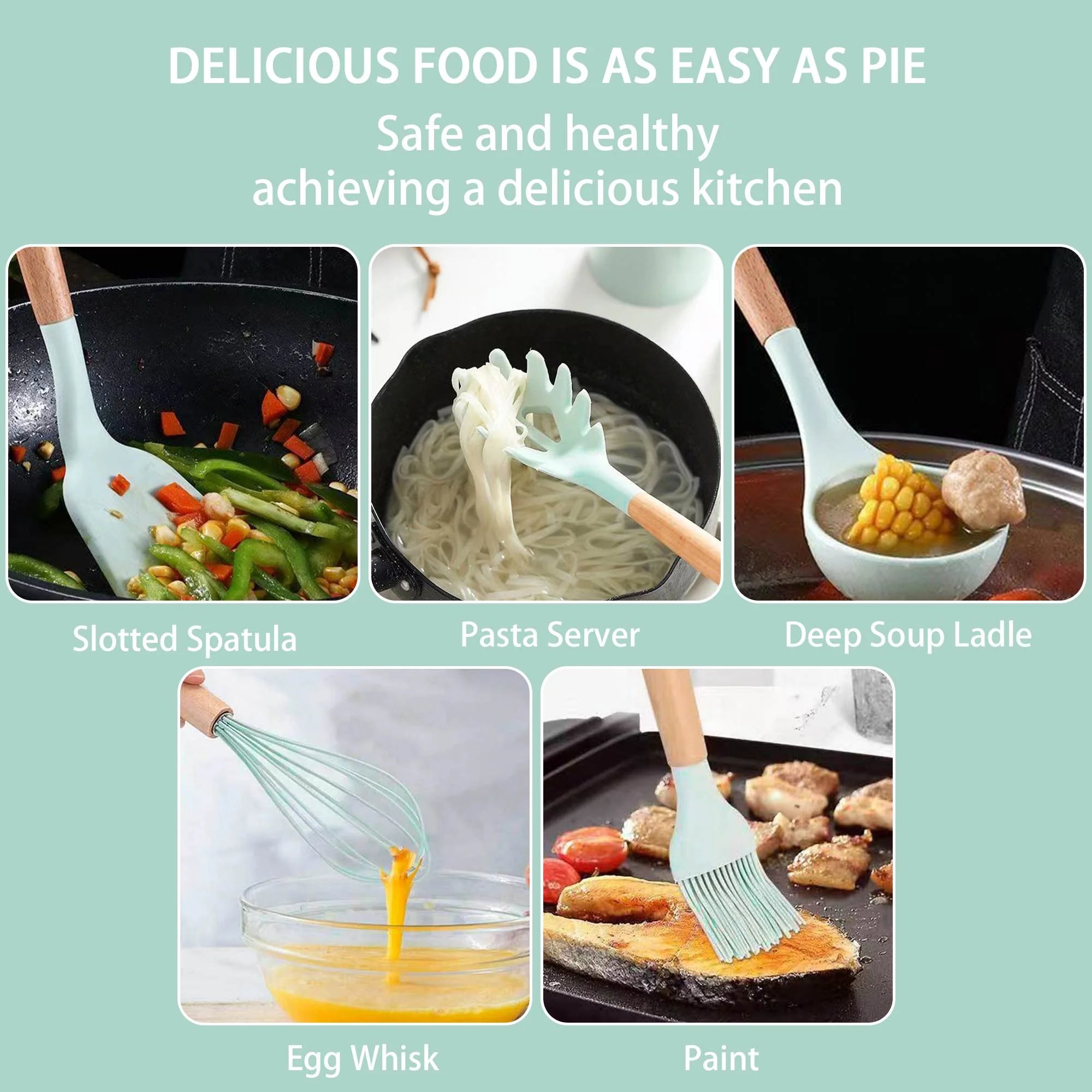 19-Piece Silicone Kitchen Utensil & Knife Set - Heat-Resistant Cooking Tools Non-Stick Safe Gift for Mom or Women Light-Green