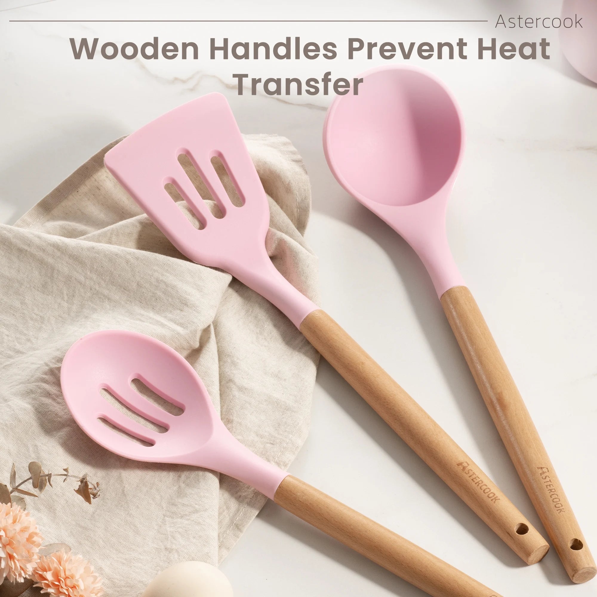 Silicone Cooking Utensils Set, 38 PCS Kitchen Utensils Set for 446°F Heat Resistant, Food Grade Utensil Sets with Wooden Handle, Kitchen Gadgets for Nonstick Cookware BPA Free (Pink)