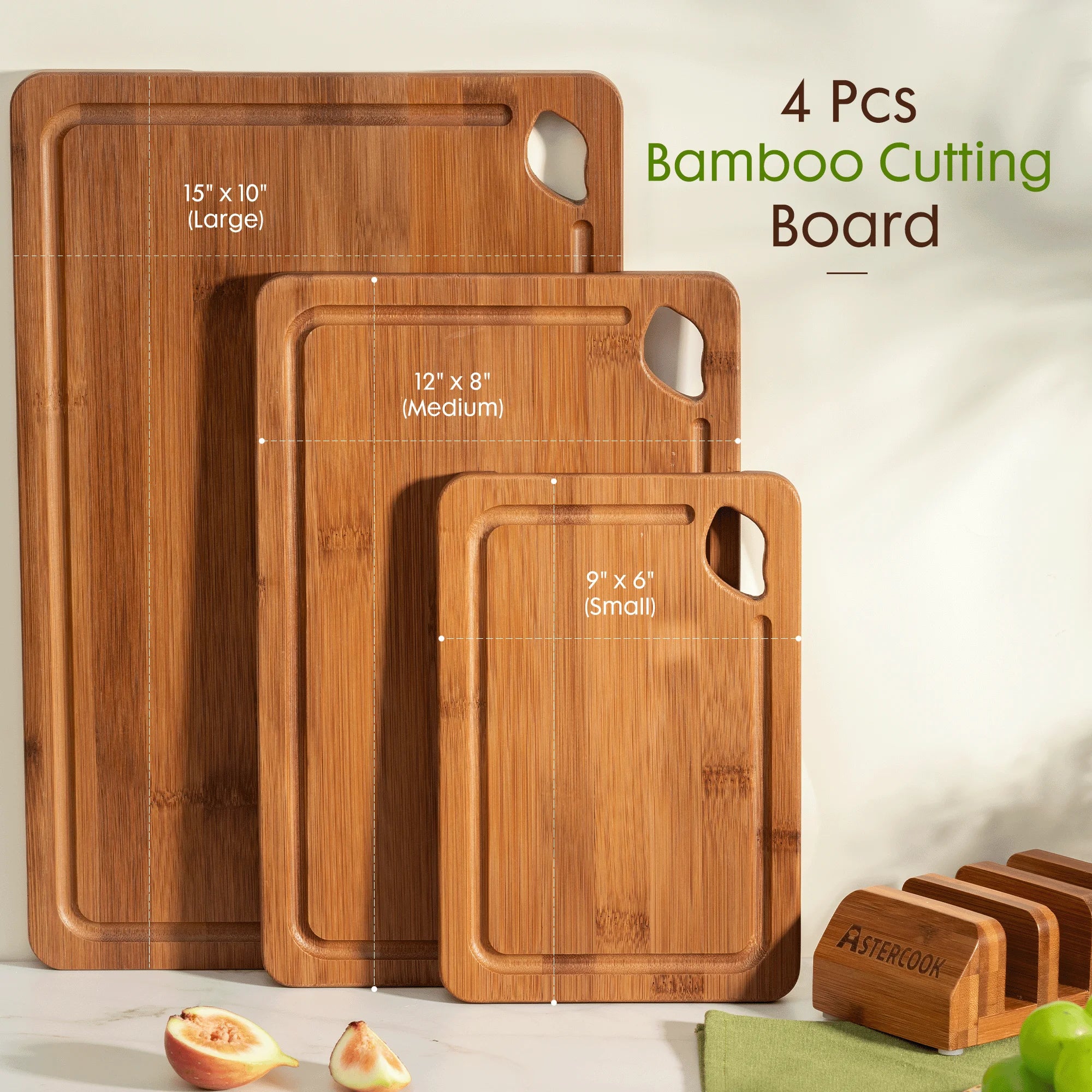 4-Pieces Wood Cutting Board, Bamboo Chopping Board for Kitchen with Holder, Cutting Boards Set with Juice Groove and Handles, Charcuterie Board for Chopping Meat, Vegetables and Fruits