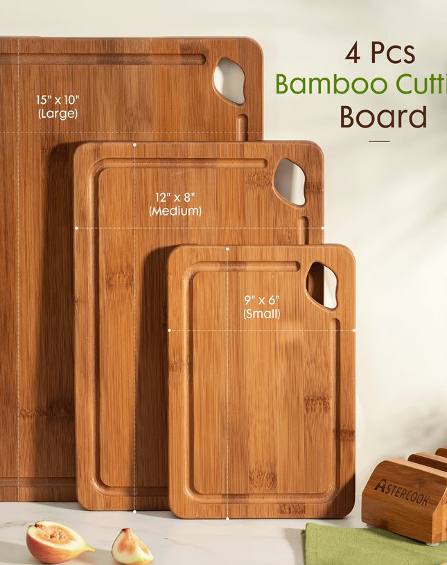 4-Pieces Wood Cutting Board, Bamboo Chopping Board for Kitchen with Holder, Cutting Boards Set with Juice Groove and Handles, Charcuterie Board for Chopping Meat, Vegetables and Fruits