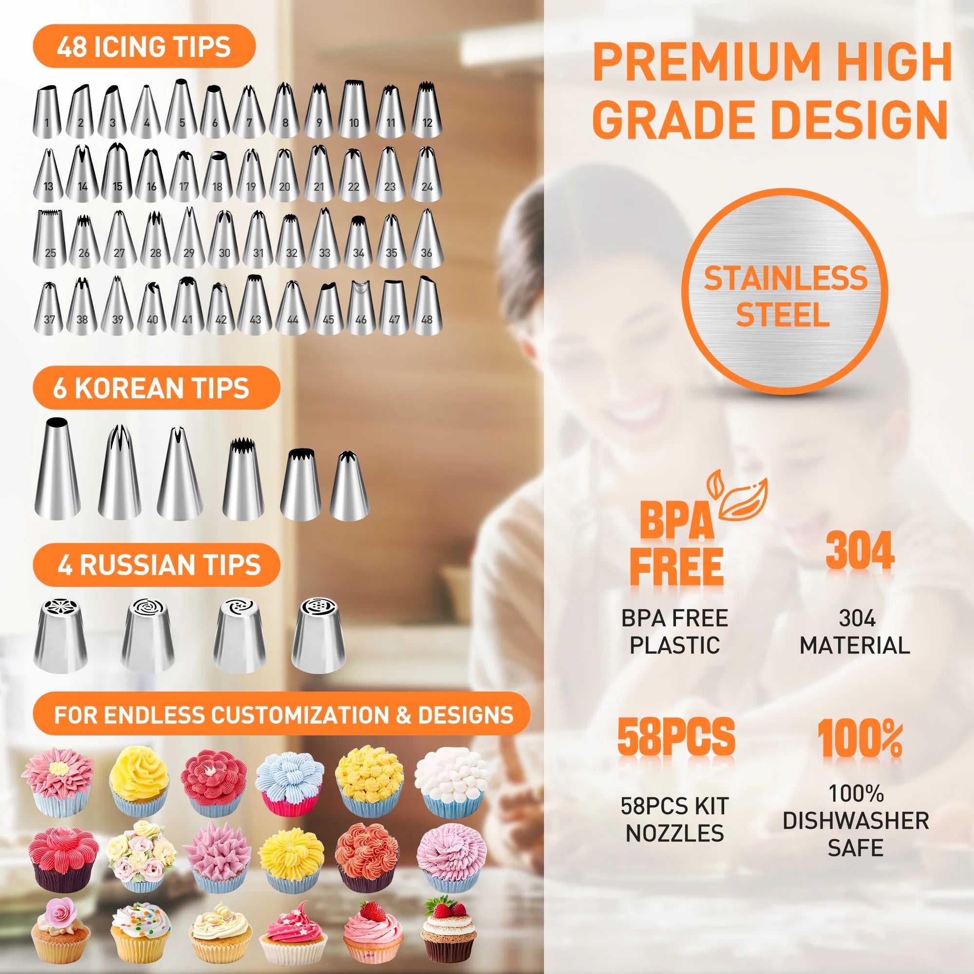 352 Pcs Cake Decorating Kit, Cake Baking Supplies with 48 Round Piping Tips,6 Korean Tips 4 Russian Tips, Baking Set with Non-slip Turntable, Baking Supplies Tools for Beginners,Plastic