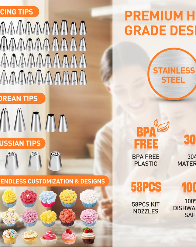 352 Pcs Cake Decorating Kit, Cake Baking Supplies with 48 Round Piping Tips,6 Korean Tips 4 Russian Tips, Baking Set with Non-slip Turntable, Baking Supplies Tools for Beginners,Plastic