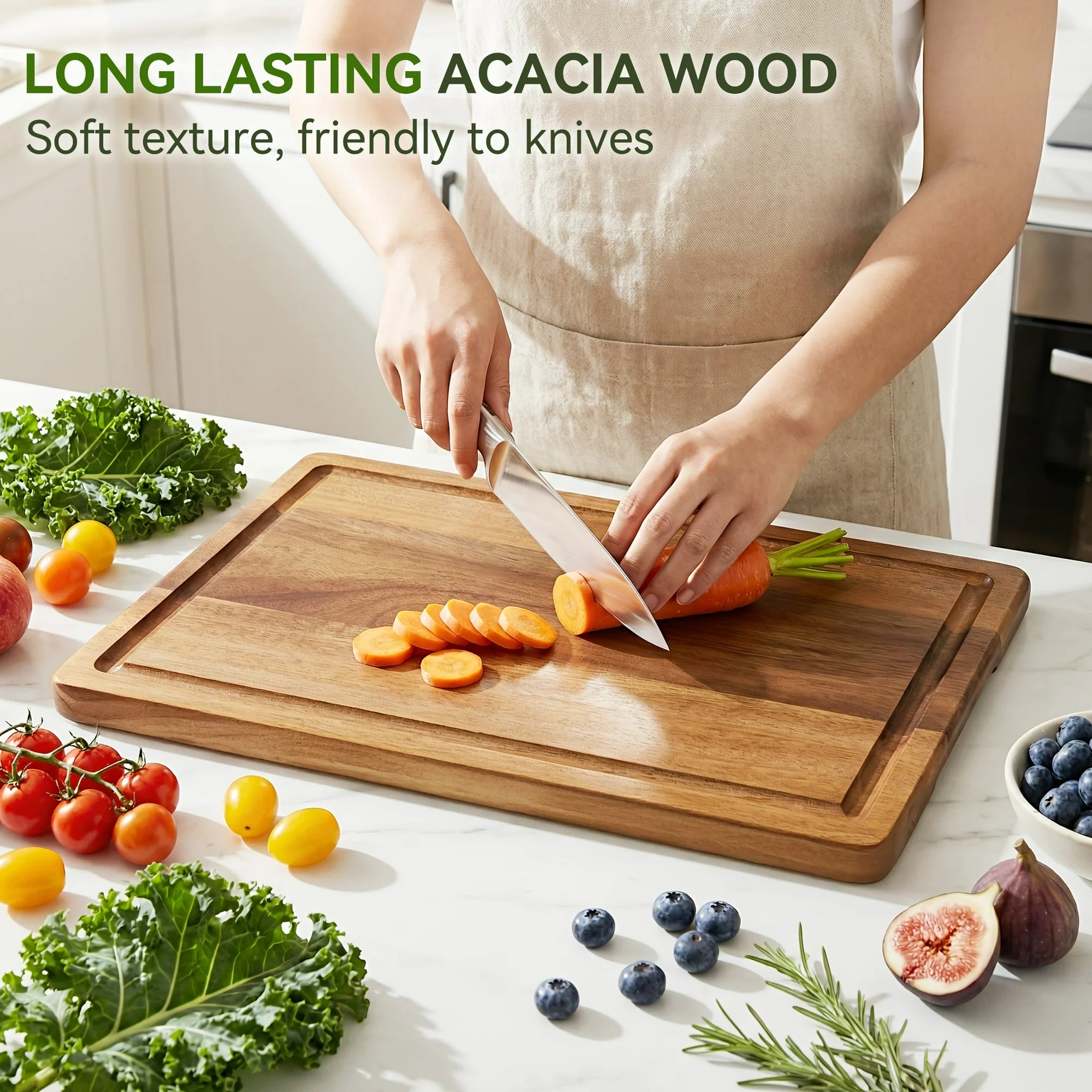 Acacia Wood Cutting Board, 16"x 10" Solid Cutting Board with Juice Grooves & Side Handles, Natural Wood Chopping Board for Kitchen, Serving Tray