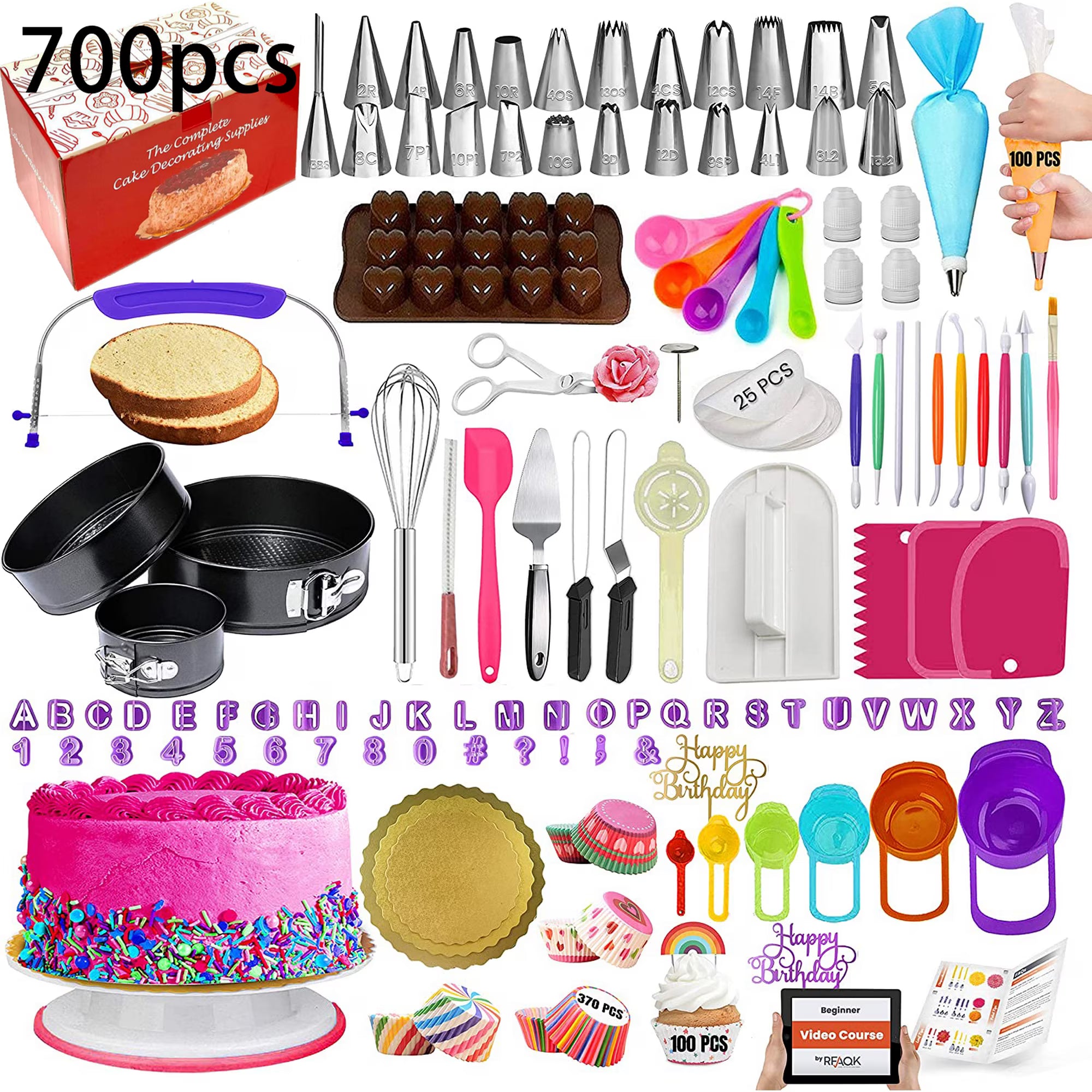 700PCs Cake Decorating Supplies Kit with Baking Supplies- Cake Decorating Tools with Springform Pans, Cake Leveler, Turntable, Numbered Piping Tips, Icing Spatulas, Fondant Tools and More
