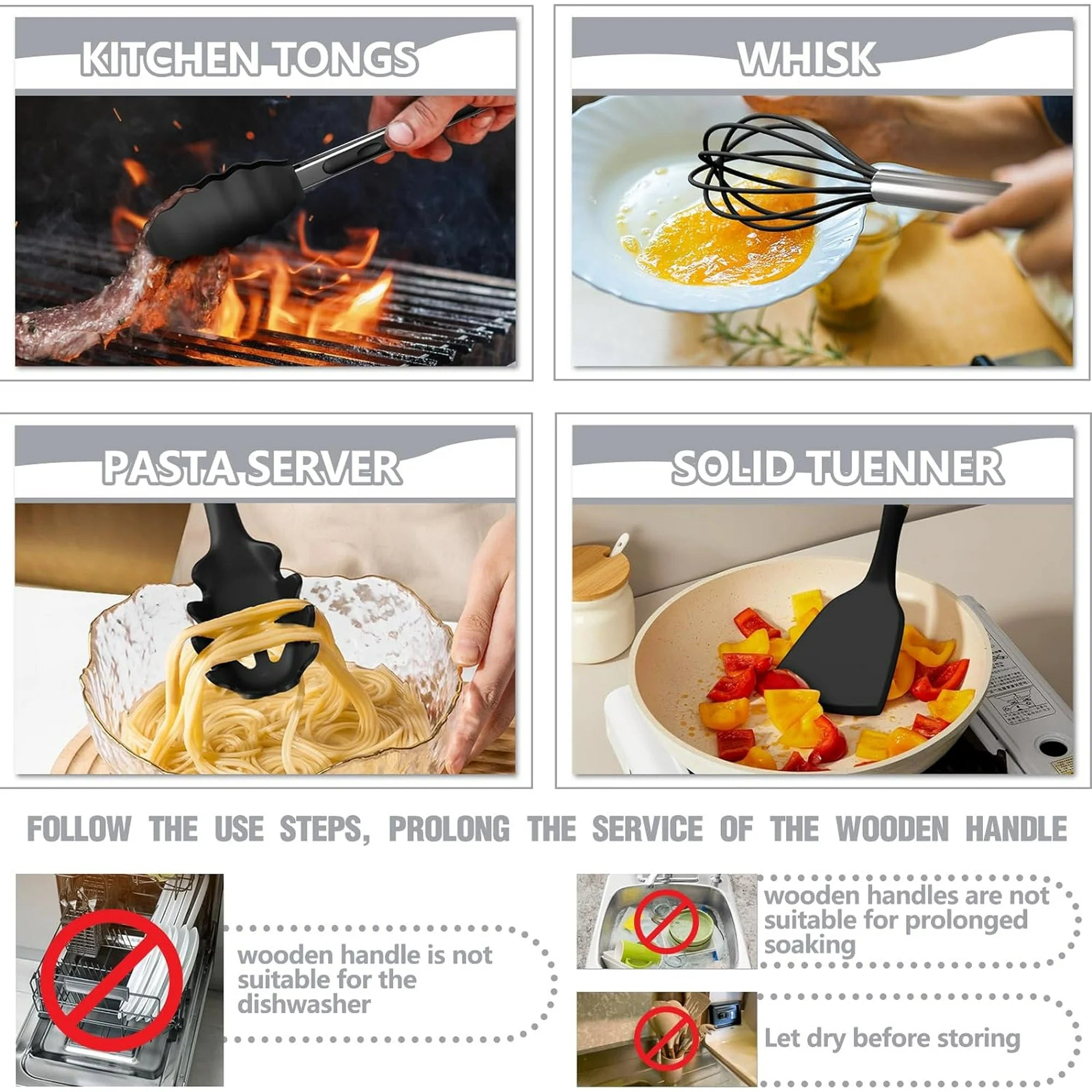 Kitchen Utensils Set- 34PCS Silicone Cooking Utensil Set with Wooden Handles, Heat Resistant Kitchen Spatula Gadgets Tools Set for Nonstick Cookware-Black