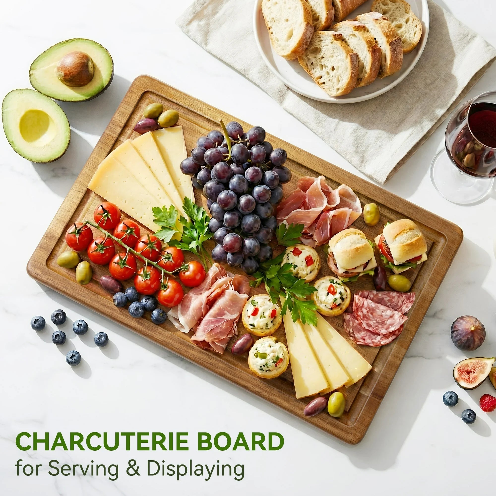 Acacia Wood Cutting Board, 16"x 10" Solid Cutting Board with Juice Grooves & Side Handles, Natural Wood Chopping Board for Kitchen, Serving Tray