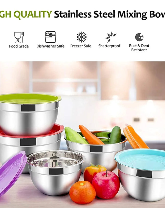 Mixing Bowls with Lids Set of 5, Vesteel Stainless Steel Mixing Bowls Metal Nesting Salad Bowls, Size 4.5, 3, 1.5, 1, 0.7 QT Great for Cooking, Baking, Serving - Multi-Color