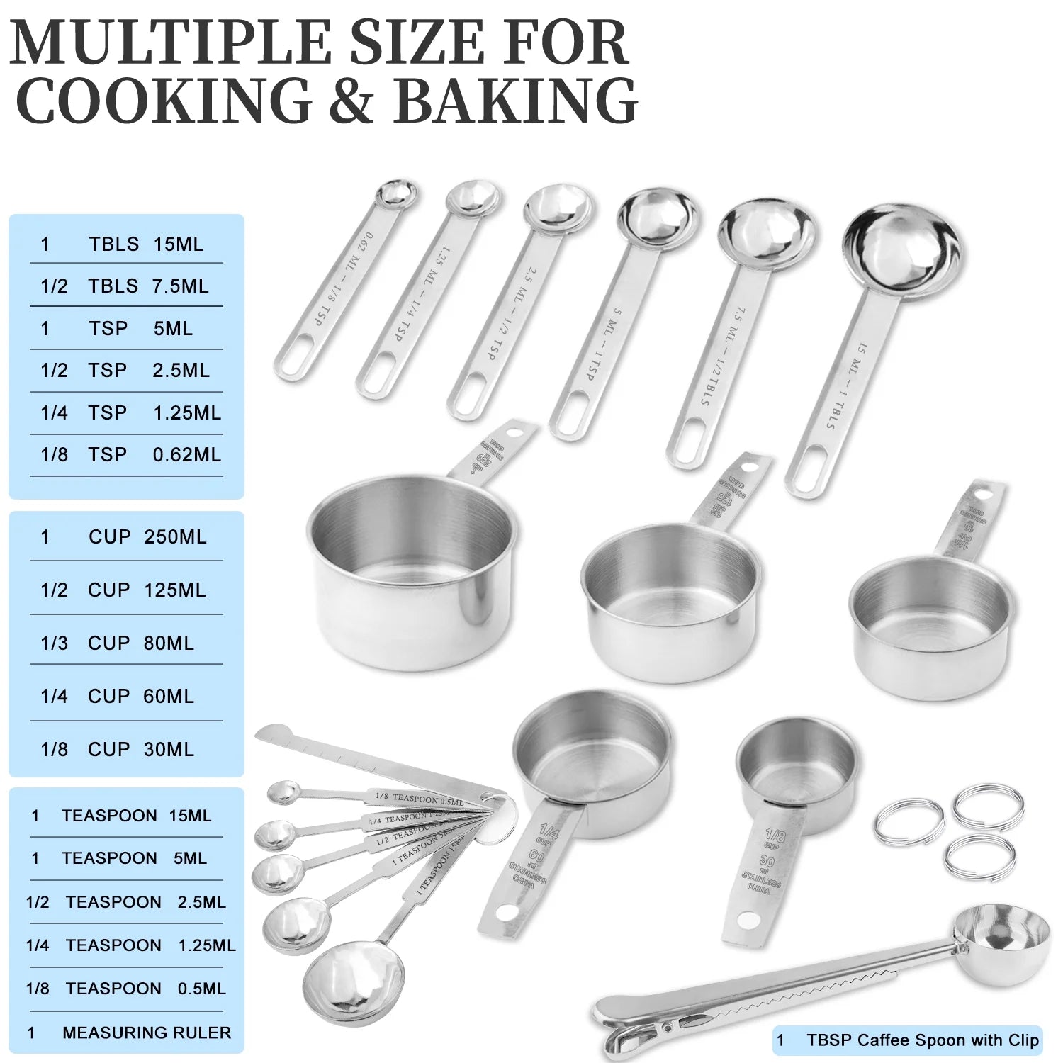 18-Piece Stainless Steel Measuring Cups and Spoons Set,5 Stainless Steel Nesting Measuring Cups & 6 Spoons,1 Leveler & 5Mini Measuring Spoons,1Tbsp Coffee Scoop with Clip for Cooking & Baking