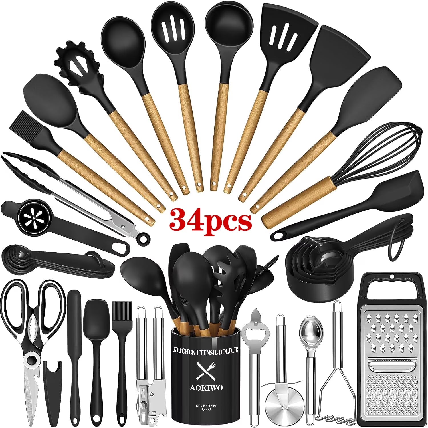 Kitchen Utensils Set- 34PCS Silicone Cooking Utensil Set with Wooden Handles, Heat Resistant Kitchen Spatula Gadgets Tools Set for Nonstick Cookware-Black