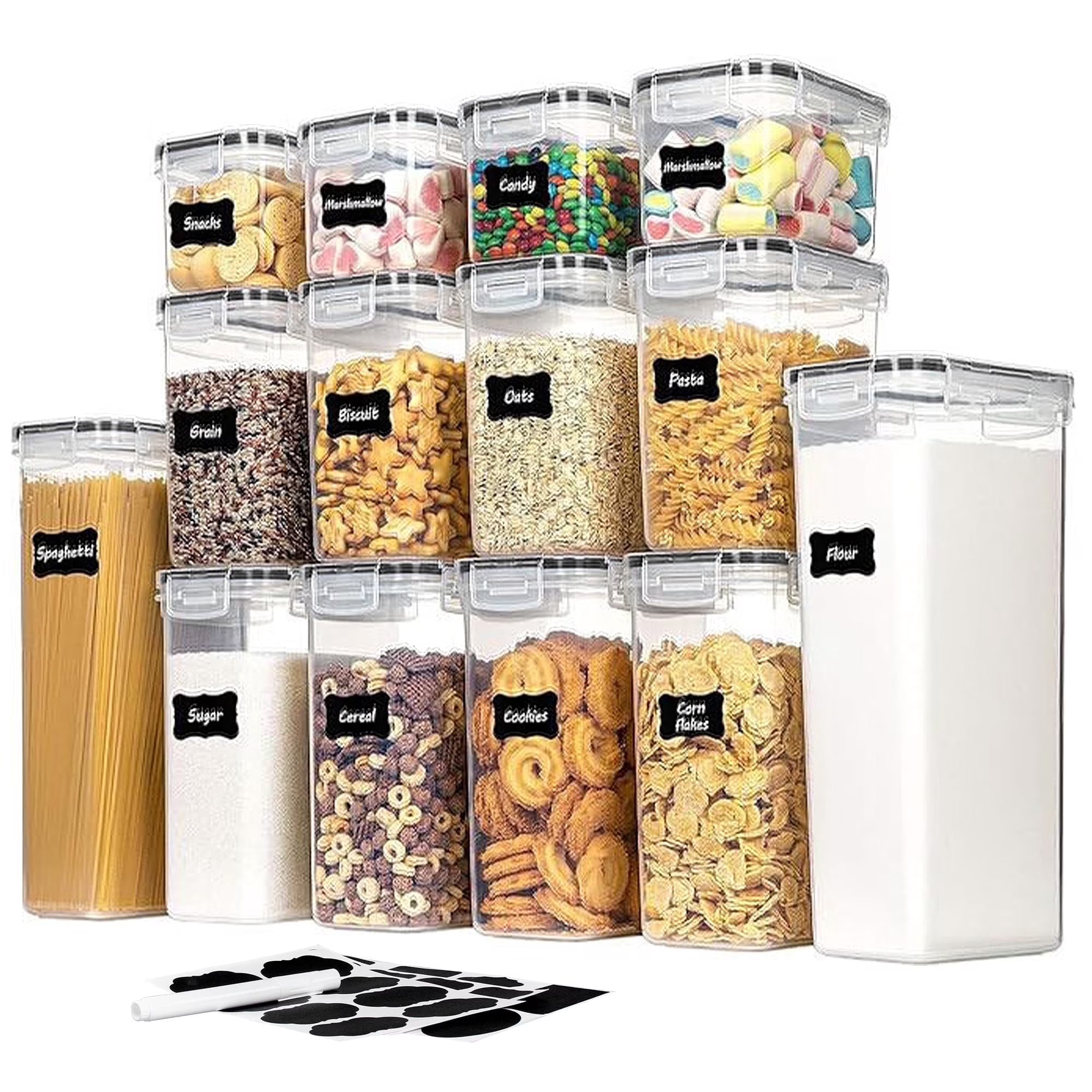 Airtight Food Storage Containers Set, 14pcs Plastic Kitchen and Pantry Organization Canisters, Black