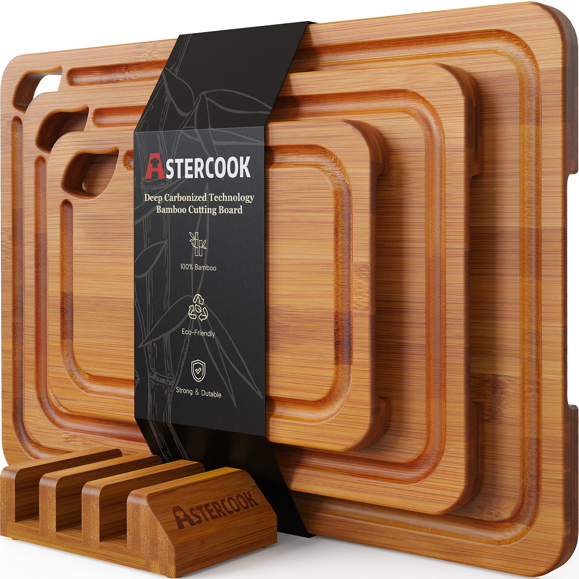 4-Pieces Wood Cutting Board, Bamboo Chopping Board for Kitchen with Holder, Cutting Boards Set with Juice Groove and Handles, Charcuterie Board for Chopping Meat, Vegetables and Fruits