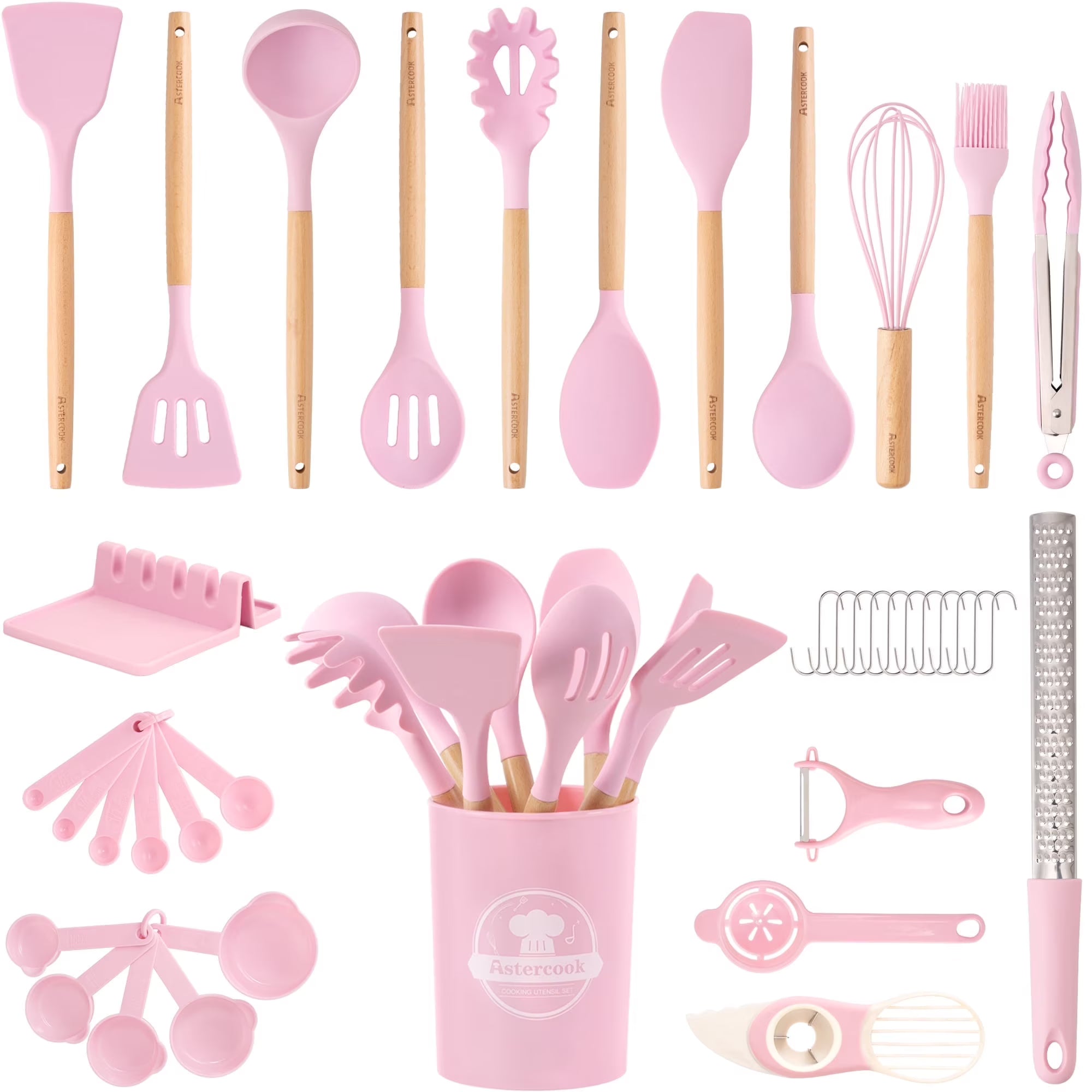 Silicone Cooking Utensils Set, 38 PCS Kitchen Utensils Set for 446°F Heat Resistant, Food Grade Utensil Sets with Wooden Handle, Kitchen Gadgets for Nonstick Cookware BPA Free (Pink)