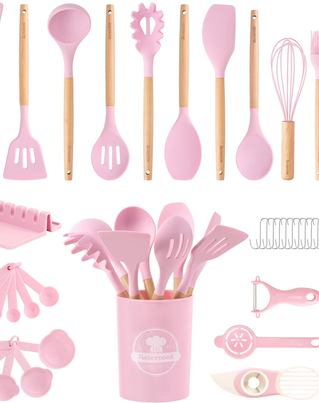 Silicone Cooking Utensils Set, 38 PCS Kitchen Utensils Set for 446°F Heat Resistant, Food Grade Utensil Sets with Wooden Handle, Kitchen Gadgets for Nonstick Cookware BPA Free (Pink)
