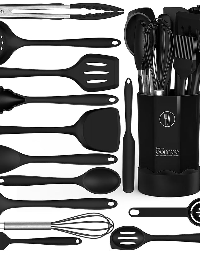 Black Silicone Cooking Utensils Set - 446°F Heat Resistant Kitchen Utensils,Turner Tongs,Spatula,Spoon,Brush,Whisk,Kitchen Utensil Gadgets Tools Set for Nonstick Cookware,Dishwasher Safe (BPA Free)