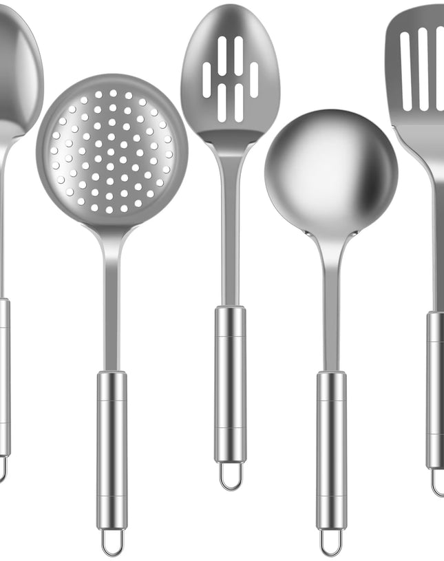 Ihvewuo cooking utensils sets 5pcs Metal Stainless Steel Utensil for Cooking Kitchen Cooking Utensils Set Kitchen Gadgets Tools Set Spoons Spatula Sets with Ergonomic Handle Hanging Hole Reusable