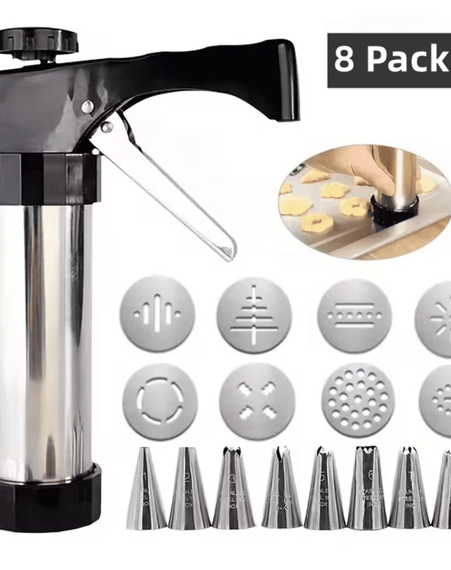 Cookie Press Gun Kit – Stainless Steel Spritz Cookie Maker with 8 Discs & 8 Piping Tips, Biscuit Press Icing Gun for Baking & DIY Pastries Cake