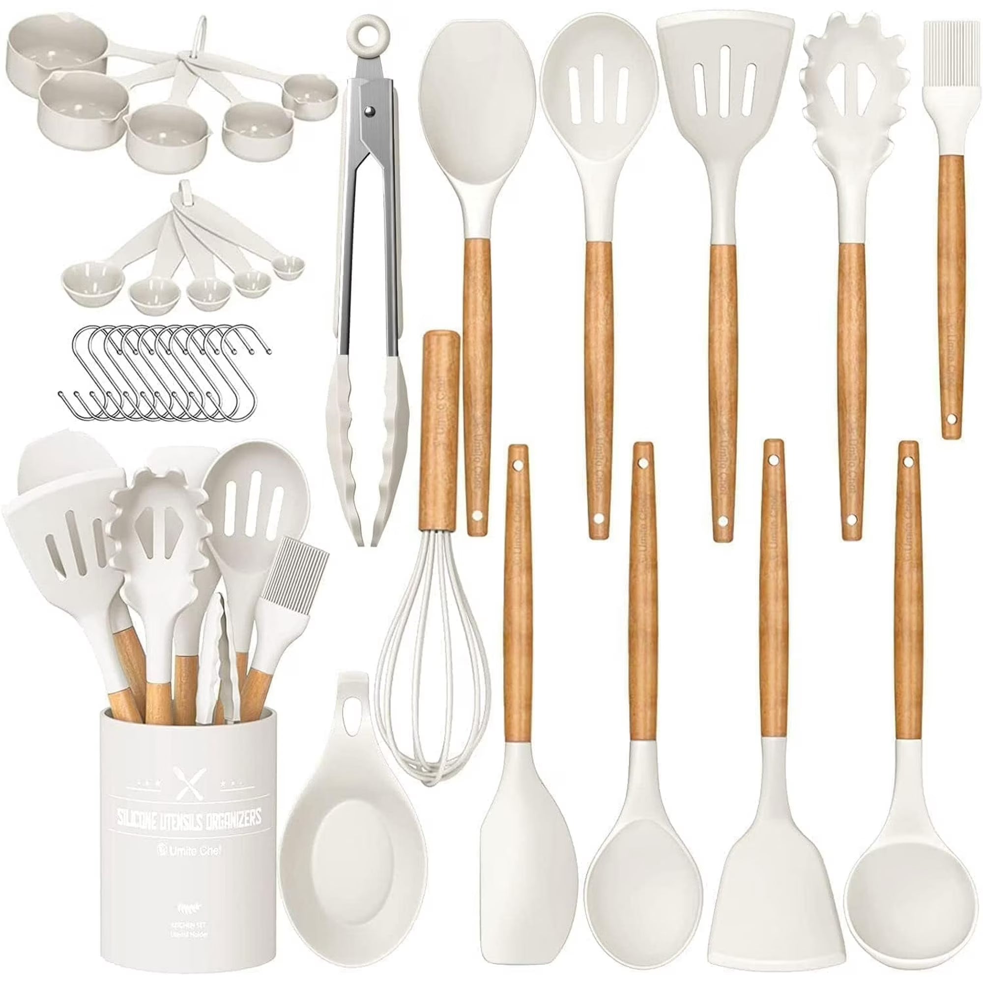 Kitchen Cooking Utensils Set, 33 pcs Non-stick Silicone Cooking Kitchen Utensils Spatula Set with Holder, Wooden Handle Silicone Kitchen Gadgets Utensil Set (Cream White)