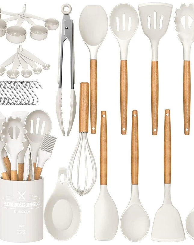 Kitchen Cooking Utensils Set, 33 pcs Non-stick Silicone Cooking Kitchen Utensils Spatula Set with Holder, Wooden Handle Silicone Kitchen Gadgets Utensil Set (Cream White)