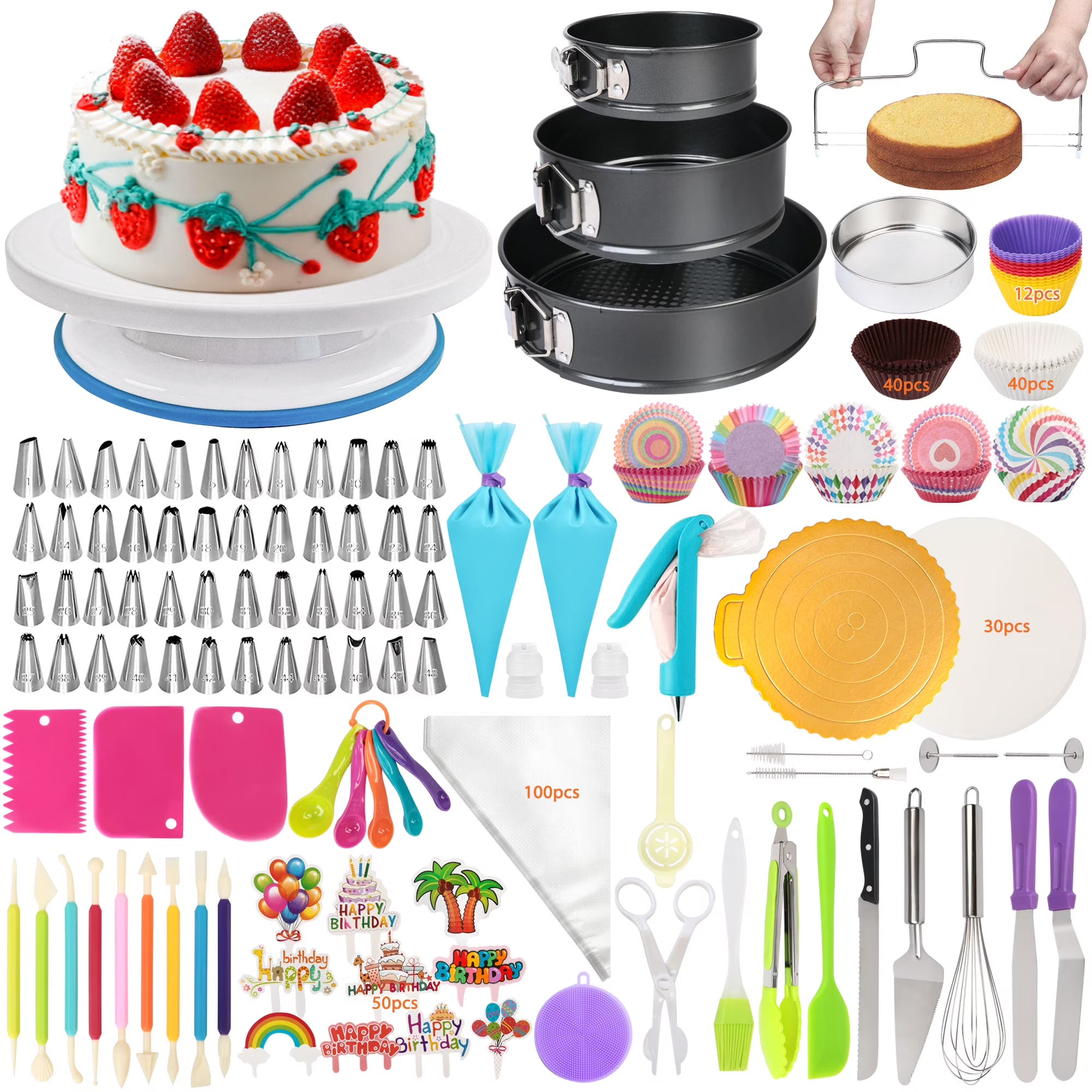 529 Pcs Cake Decorating Kit, Baking Supplies Set & Rotating Turntable, Pans, Piping Bag and Tips
