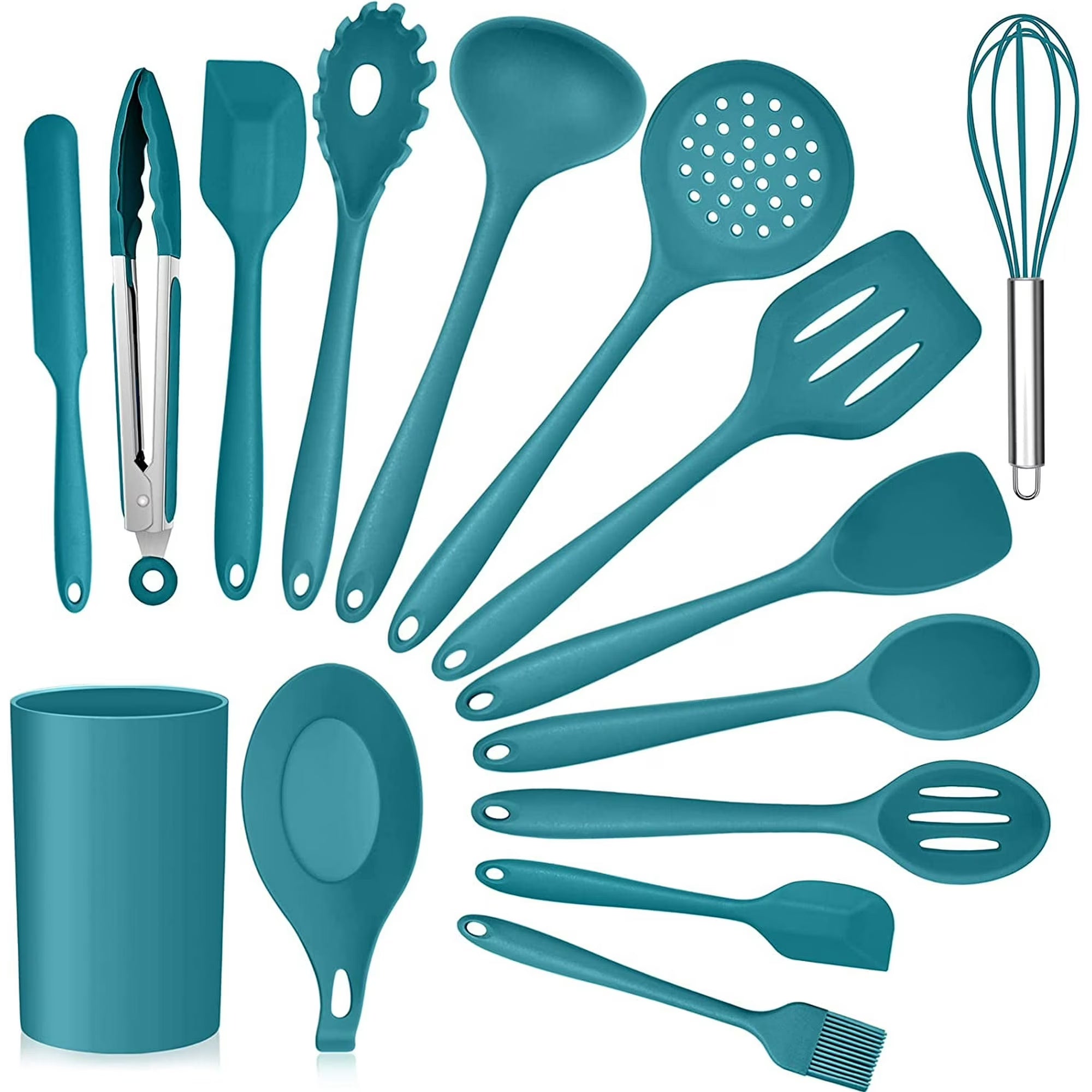 15-Piece Kitchen Utensils Set, Silicone Cooking Utensils with Holder, Non-stick Cookware Friendly & Heat Resistant - Teal Blue