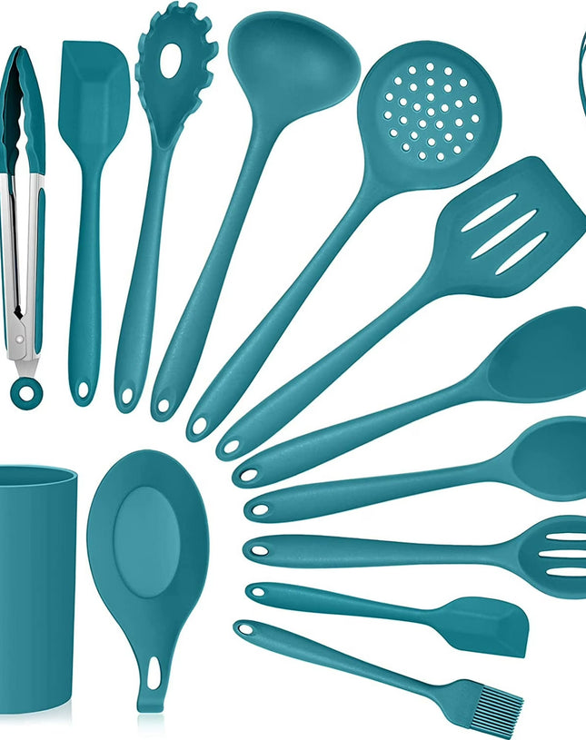 15-Piece Kitchen Utensils Set, Silicone Cooking Utensils with Holder, Non-stick Cookware Friendly & Heat Resistant - Teal Blue