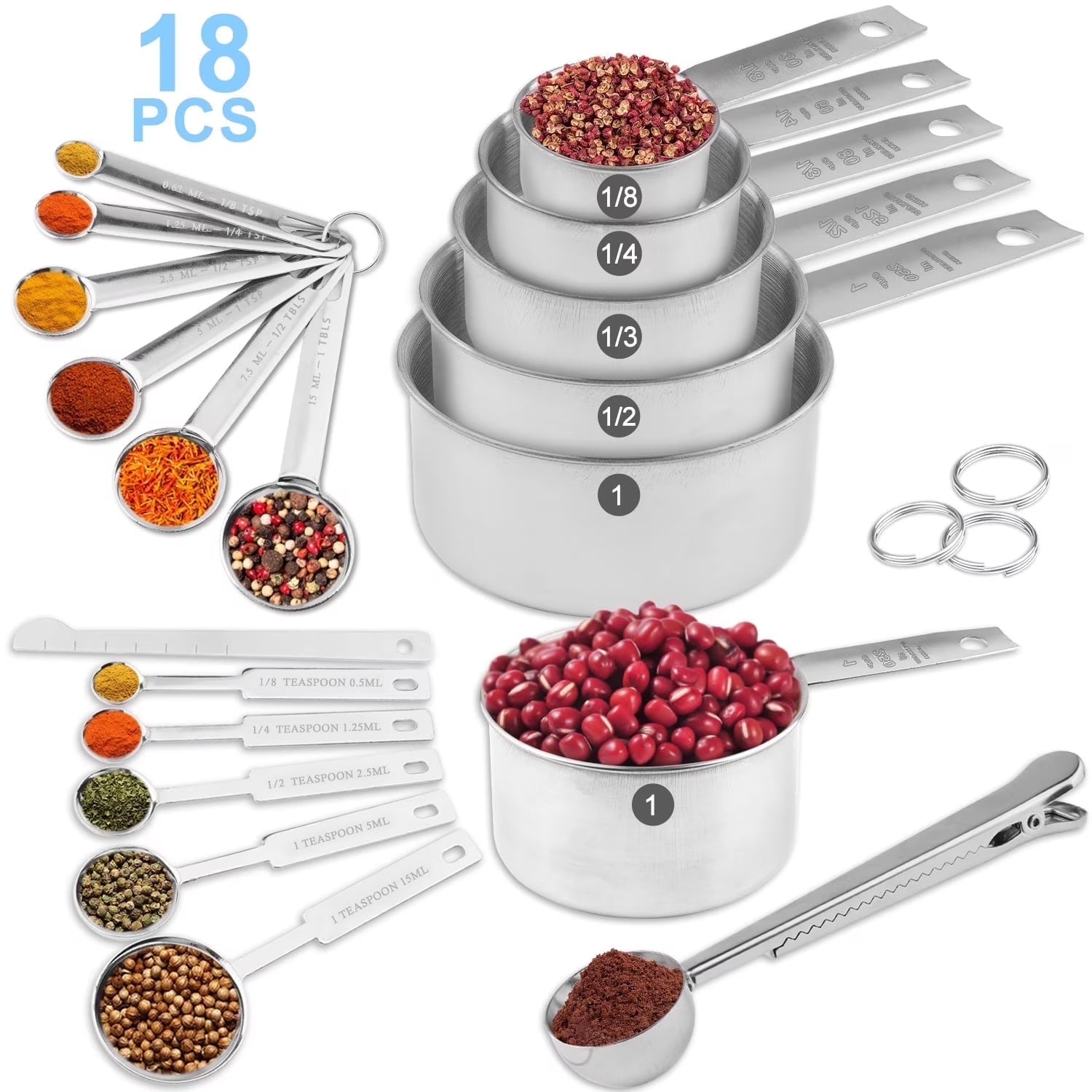 18-Piece Stainless Steel Measuring Cups and Spoons Set,5 Stainless Steel Nesting Measuring Cups & 6 Spoons,1 Leveler & 5Mini Measuring Spoons,1Tbsp Coffee Scoop with Clip for Cooking & Baking