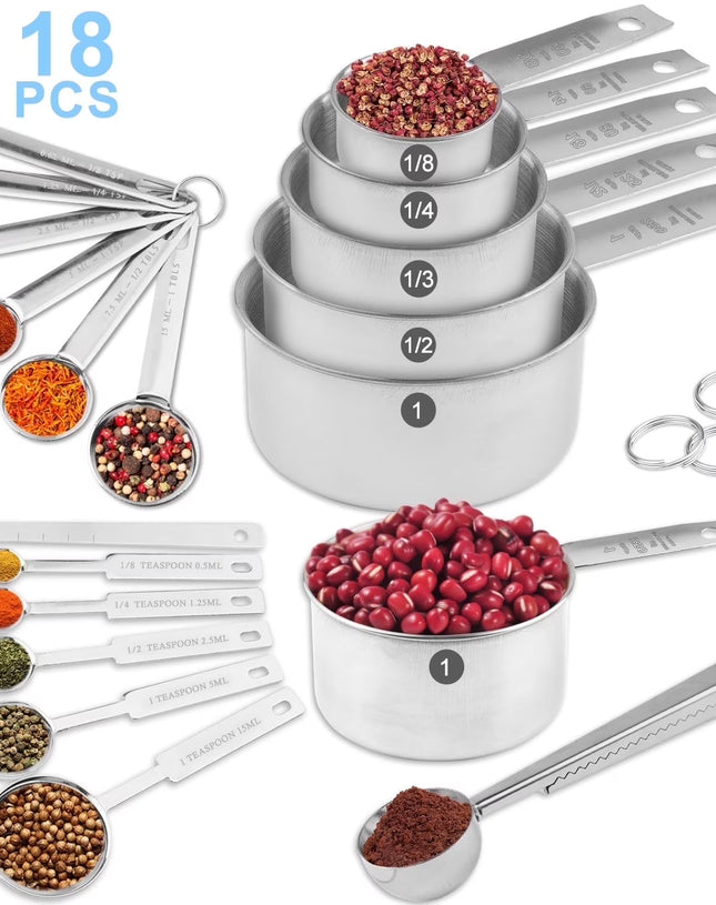18-Piece Stainless Steel Measuring Cups and Spoons Set,5 Stainless Steel Nesting Measuring Cups & 6 Spoons,1 Leveler & 5Mini Measuring Spoons,1Tbsp Coffee Scoop with Clip for Cooking & Baking