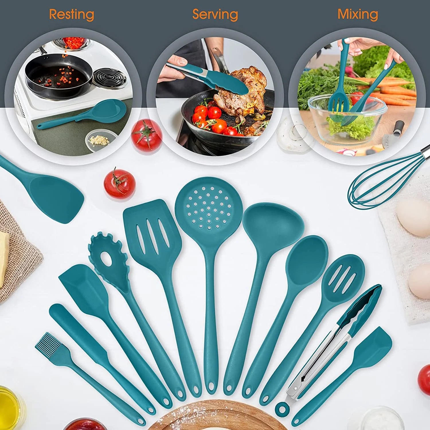 15-Piece Kitchen Utensils Set, Silicone Cooking Utensils with Holder, Non-stick Cookware Friendly & Heat Resistant - Teal Blue