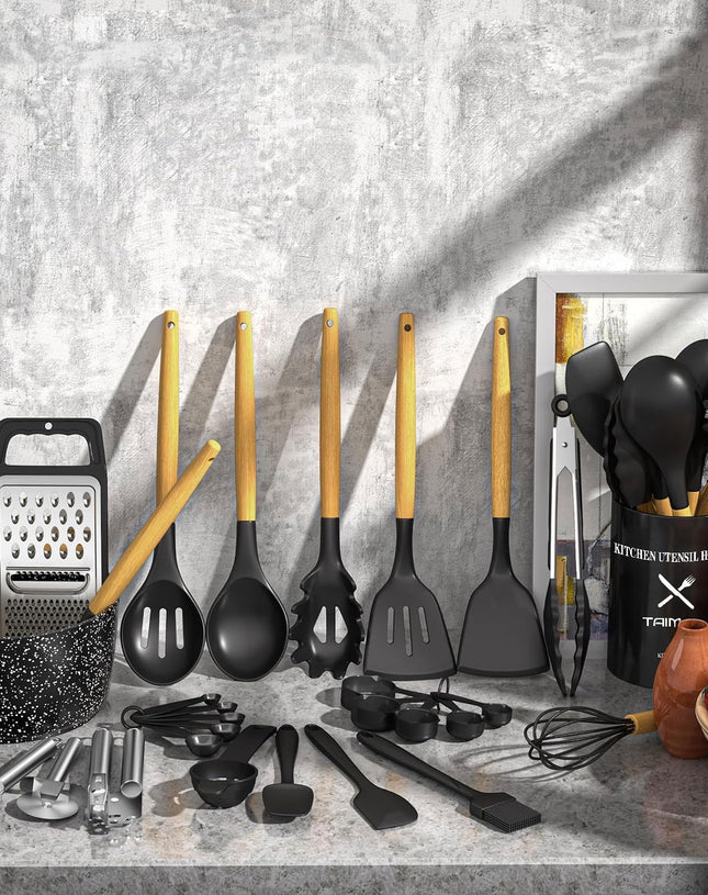 Kitchen Utensils Set- 34PCS Silicone Cooking Utensil Set with Wooden Handles, Heat Resistant Kitchen Spatula Gadgets Tools Set for Nonstick Cookware-Black
