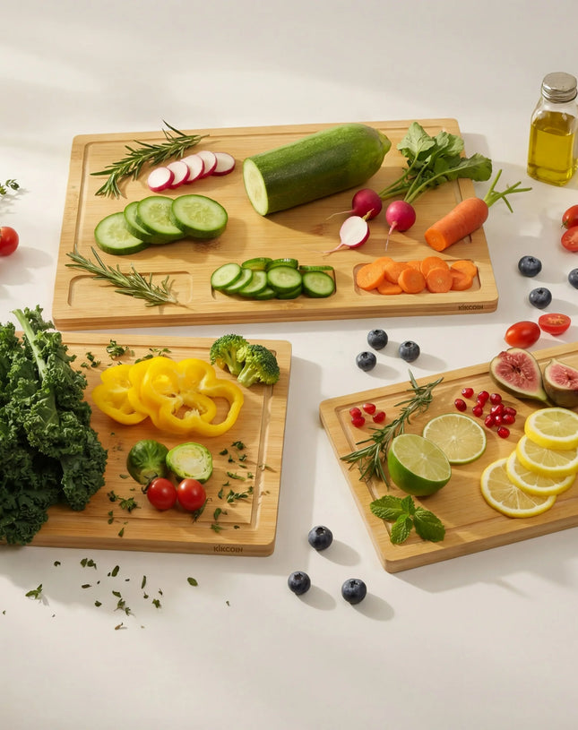 Cutting Board Set of 3, Bamboo Chopping Boards for Kitchen, Heavy Duty Wooden Serving Tray with Juice Groove