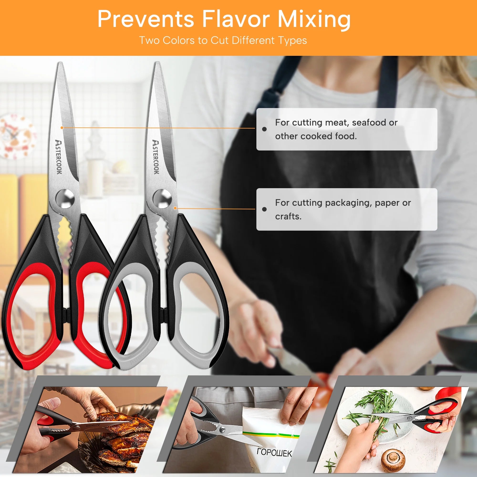 2 Pcs Kitchen Scissors, Heavy Duty Shears with Serrated Blade, Ergonomic Handle Food Scissor for Poultry, Herbs, Vegetables Dishwasher Safe