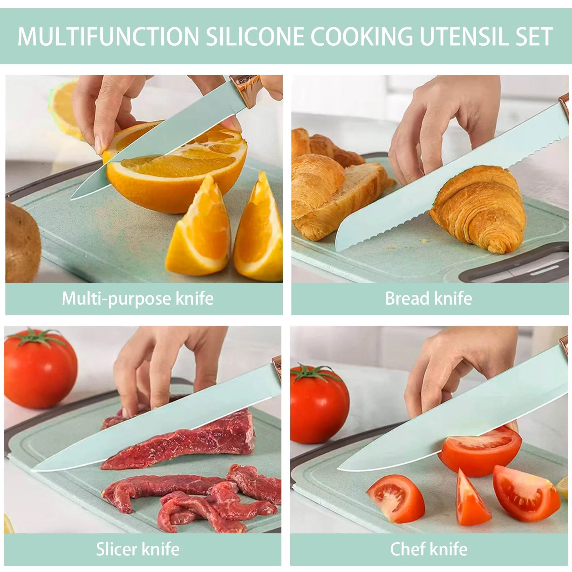 19-Piece Silicone Kitchen Utensil & Knife Set - Heat-Resistant Cooking Tools Non-Stick Safe Gift for Mom or Women Light-Green