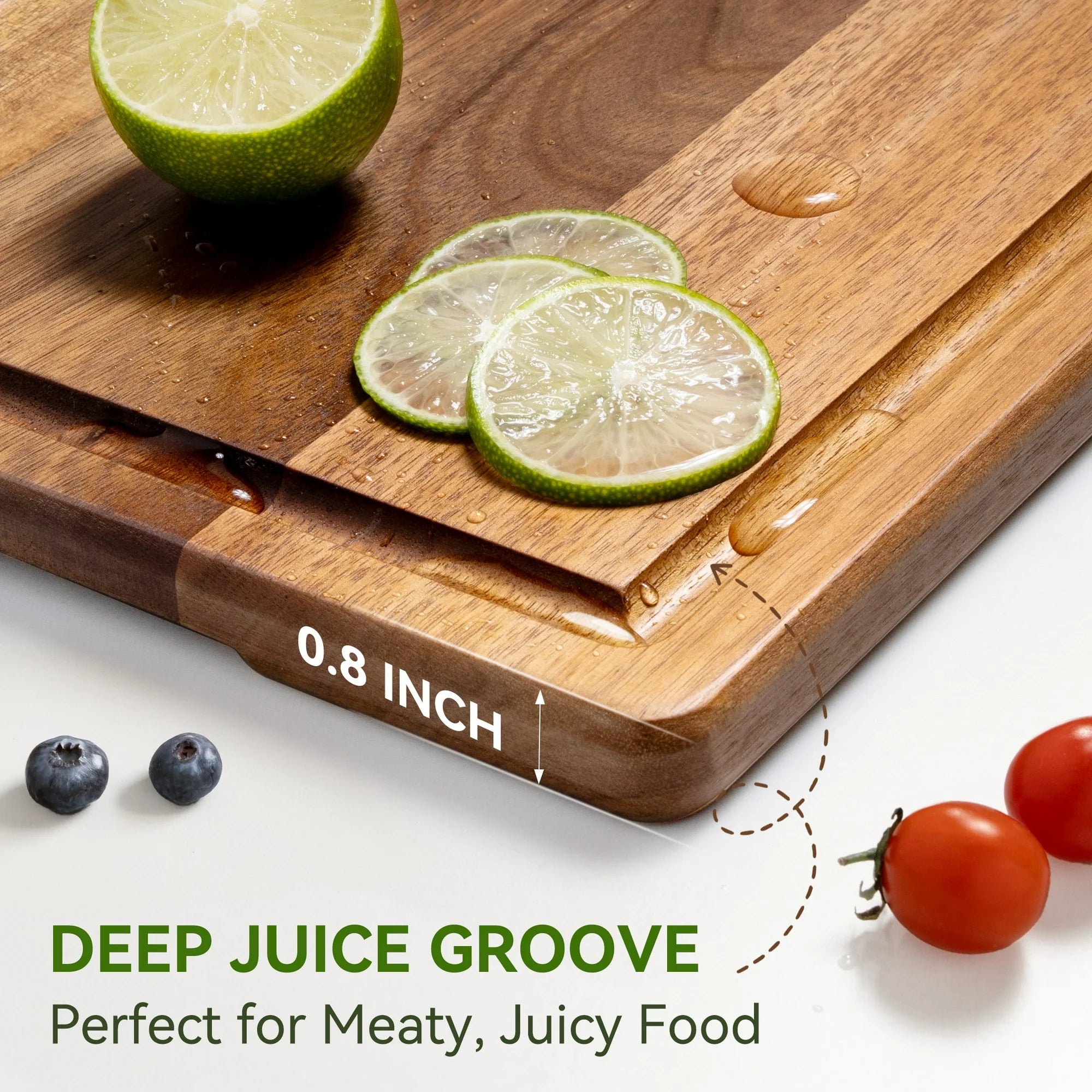Acacia Wood Cutting Board, 16"x 10" Solid Cutting Board with Juice Grooves & Side Handles, Natural Wood Chopping Board for Kitchen, Serving Tray