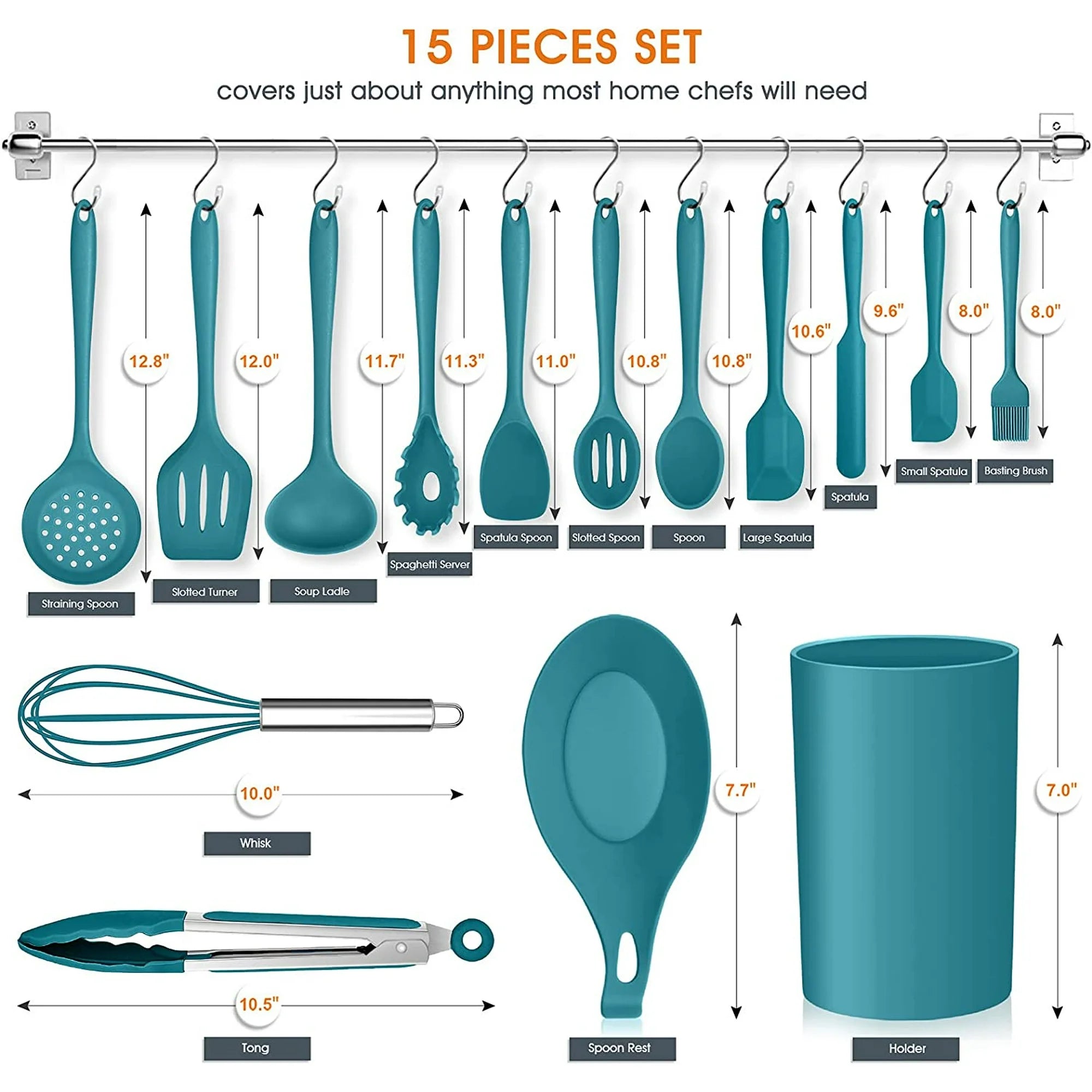 15-Piece Kitchen Utensils Set, Silicone Cooking Utensils with Holder, Non-stick Cookware Friendly & Heat Resistant - Teal Blue