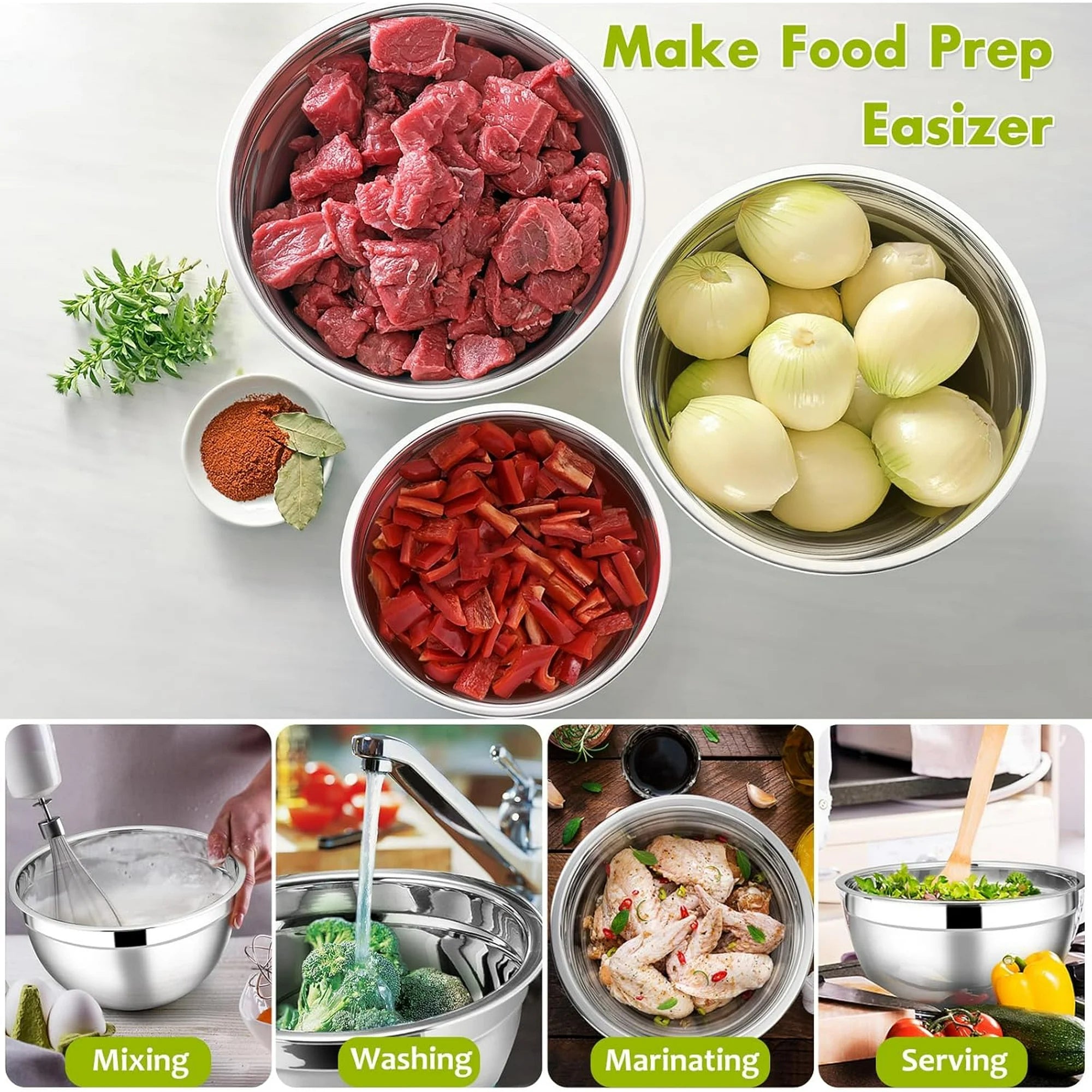 Mixing Bowls with Lids Set of 5, Vesteel Stainless Steel Mixing Bowls Metal Nesting Salad Bowls, Size 4.5, 3, 1.5, 1, 0.7 QT Great for Cooking, Baking, Serving - Multi-Color