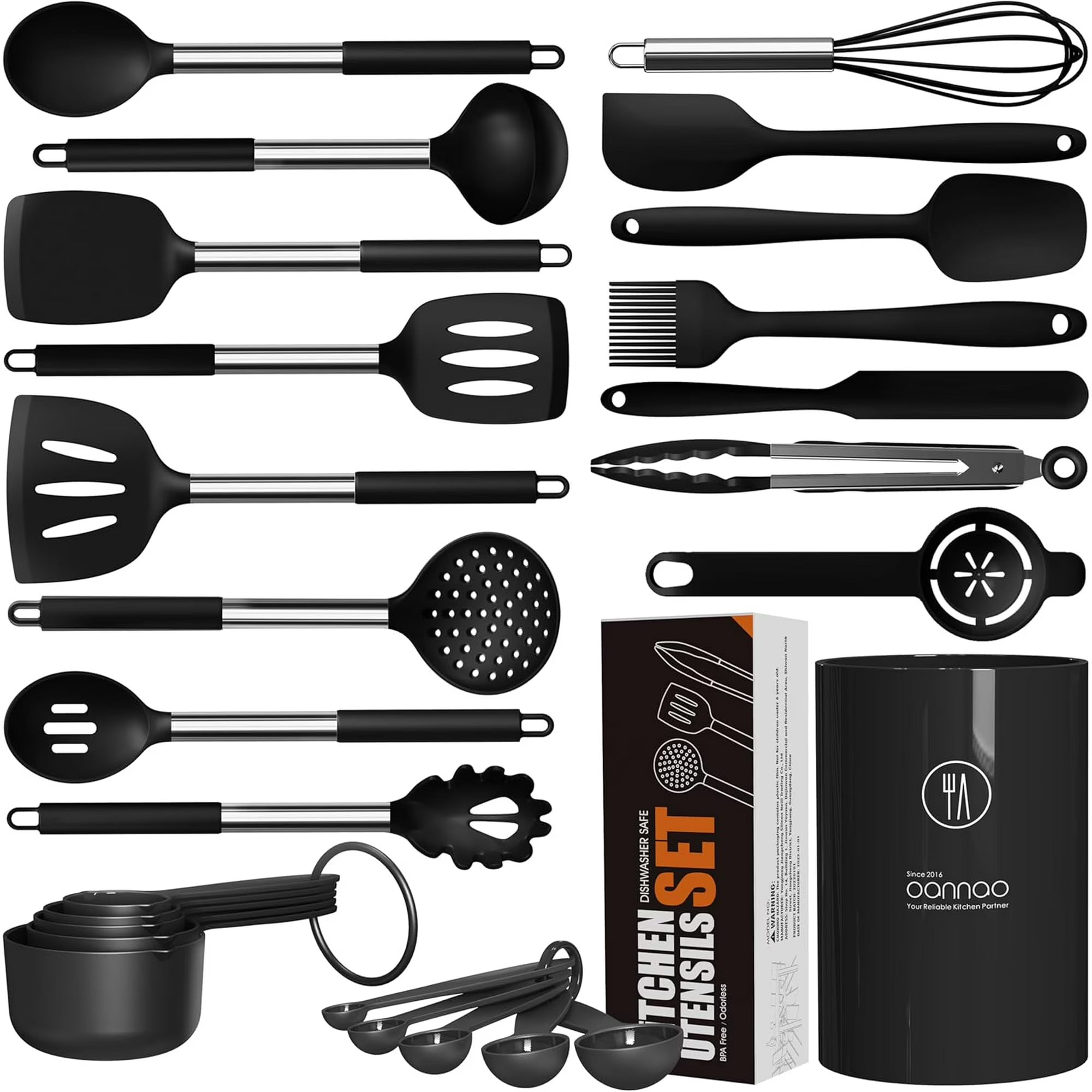 Large Silicone Cooking Utensils Set - Heat Resistant Kitchen Utensils Sets,Spatula,Spoon,Turner Tongs,Brush,Whisk,Stainless Steel Silicone Cooking Utensil for Nonstick Cookware Dishwasher Safe (Black