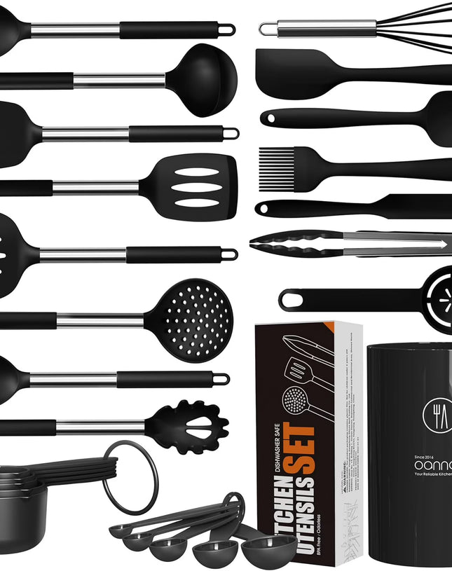 Large Silicone Cooking Utensils Set - Heat Resistant Kitchen Utensils Sets,Spatula,Spoon,Turner Tongs,Brush,Whisk,Stainless Steel Silicone Cooking Utensil for Nonstick Cookware Dishwasher Safe (Black